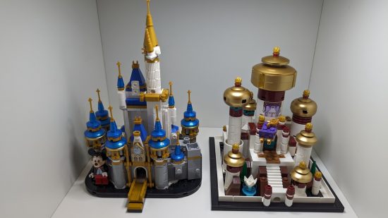 Lego Disney Princess Palace of Agrabah review image showing the set posed beside the Mini Disney Castle set.