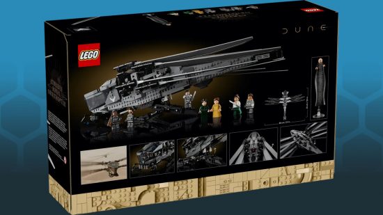 New Lego Dune Ornithopter is going on my Christmas list 2023 - Lego official photo copied to a blue hex background, showing the box art for the Ornithopter model