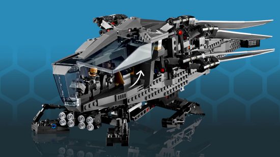 New Lego Dune Ornithopter is going on my Christmas list 2023 - Lego official photo copied to a blue hex background, showing the Ornithopter's canopy opening at the side to let a pilot in or out