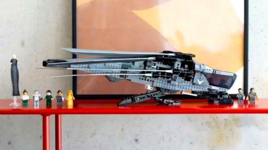 New Lego Dune Ornithopter is going on my Christmas list 2023 - Lego official photo, showing the Ornithopter model and minifigures on a shelf in real space