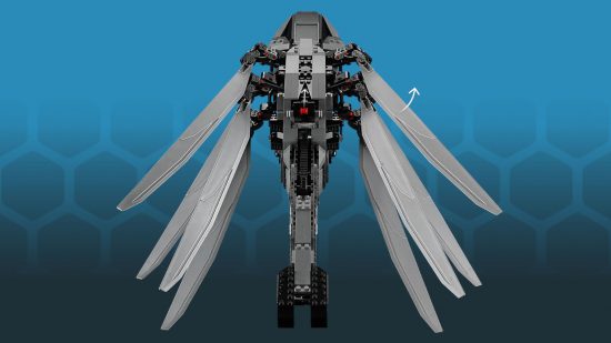 New Lego Dune Ornithopter is going on my Christmas list 2023 - Lego official photo copied to a blue hex background, showing the Ornithopter model partway through extending or retracting its wings