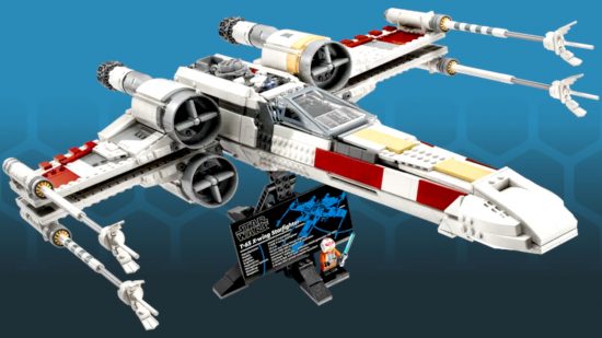 New Lego Dune Ornithopter is going on my Christmas list 2023 - Lego official photo copied to a blue hex background, showing the Lego X-Wing Starfighter model and pilot minifig