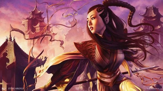 MTG release schedule 2023 - artwork for monastery swiftpsear, a woman warrior in an asian inspired setting