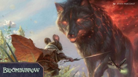 MTG Bloomburrow- A mouse with a wolf fighting a burning wolf