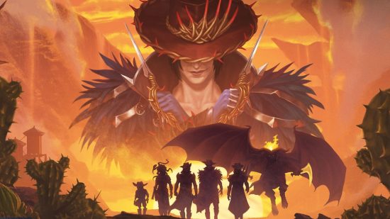 MTG Outlaws of Thunder Junction -villains walking with sunset behind and oko above.