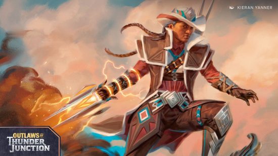 MTG Outlaws of Thunder Junction a character with angular clothing 
