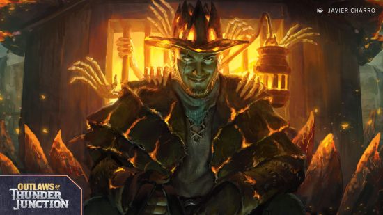 MTG Outlaws of Thunder Junction - Old Ruslan sitting on a wagon with creepy undead hands behind him.