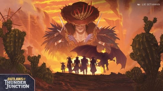 MTG Outlaws of Thunder Junction -villains walking with sunset behind and oko above.