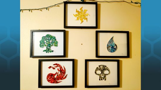 Florida Woman MTG Black Lotus craft project - photo from Marisa Freese showing her five MTG Mana symbol paper quilling artworks, framed and on a wall
