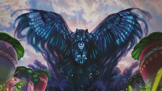 MTG Bloomburrow art showing a giant calamity beast, an inky blue owl with symbols suggesting connection to night or the moon.