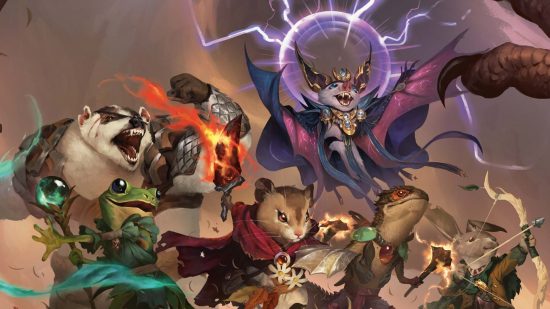 MTG Bloomburrow art showing a group of animal heroes fighting a taloned creature
