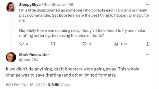 Tweet from Mark Rosewater about MTG booster packs for draft