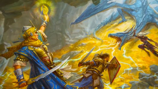 Pathfinder books price increase - Paizo art of a Cleric and a Fighter battling a dragon