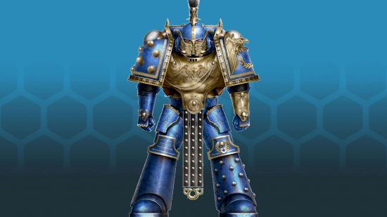 Space Marine Armor - an ultramarine in Mk IV Maximus Power armor, heavily ornamented with Romanesque devices