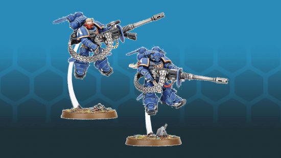 Warhammer 40k Space Marine armor - two Space Marine Suppressors in jump-capable Mk X Omnis power armor