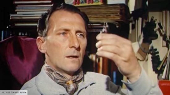 Star Wars Peter Cushing was a miniature wargamer - screenshot from British Pathé video about Peter Cushing, showing him inspecting a napoleonic miniature up close
