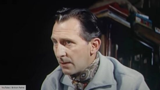 Star Wars Peter Cushing was a miniature wargamer - screenshot from British Pathé video about Peter Cushing, showing his face surveying the battlefield on his floor