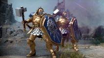 Stormcast Eternals liberator 3D models from the Realms of Ruin RTS - heavily armored golden warriors with silver mail skirts, tassets, and hefty shields