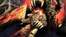 The Horus Heresy - art from Games Workshop, the gold-clad Emperor of Mankind leaps to battle the massive, black-armored Warmaster Horus
