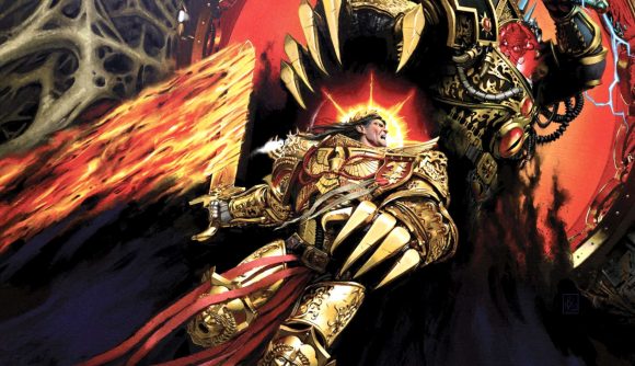 The Horus Heresy - art from Games Workshop, the gold-clad Emperor of Mankind leaps to battle the massive, black-armored Warmaster Horus