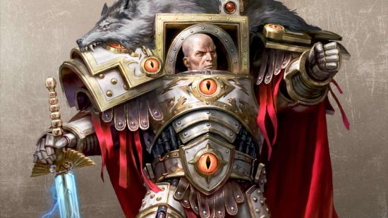 The Horus Heresy - Horus Lupercal, Primarch of the XVIth Legion Astartes, a warrior in white armor adorned with a glaring amber eye, draped in a wolf pelt