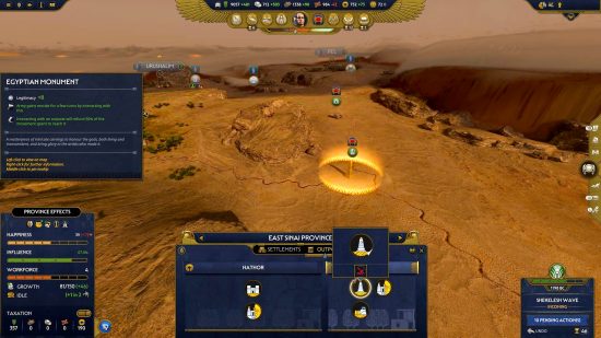 Total War Pharaoh Legitimacy guide - how to become Pharaoh - author screenshot showing the campaign map, with the player building an Egyptian Monument as an outpost to one of their settlements, also showing a dialog explaining how this contributes to the Total War Pharaoh Legitimacy stat