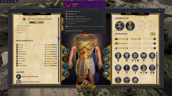 Total War Pharaoh Legitimacy guide - how to become Pharaoh - author screenshot showing the player's character sheet dialog, including their titles, crowns, competencies, stats, and more.