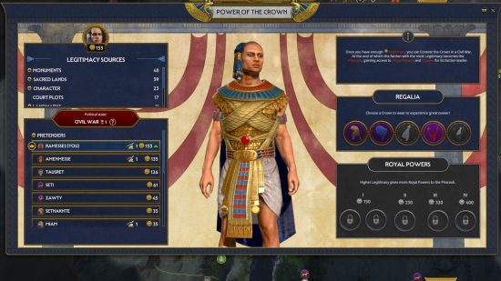 Total War Pharaoh Legitimacy guide - how to become Pharaoh - author screenshot showing the Power of the Crown dialog open, showing the different leaders' crowns available and the list of potential Legitimacy sources from which the player can climb to become Pharaoh of Egypt