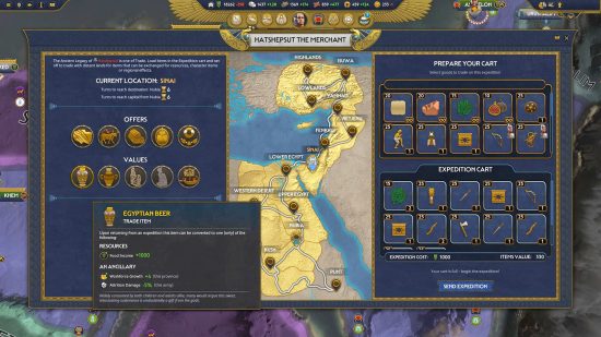Total War Pharaoh review - game screenshot showing the Ancient Legacy system, and the rules for the Hatshepsut The Merchant ancient legacy