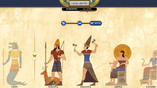Total War Pharaoh review - game screenshot showing the local deities screen, including various Egyptian and Hittite gods you can pray to for buffs