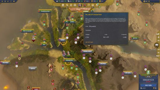Total War Pharaoh review - game screenshot showing the pillars of civilization system