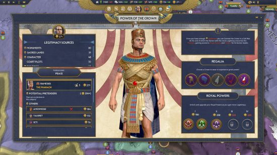 Total War Pharaoh review - game screenshot showing the power of the crown system dialog, and the player character