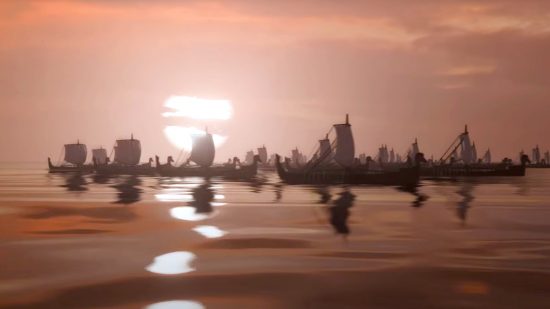Total War Pharaoh review - Creative Assembly trailer screenshot showing dozens of Sea Peoples ships sailing to war