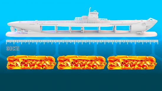 U-Boot board game boat mini next to three Subway sandwiches