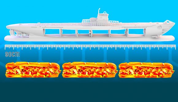 U-Boot board game boat mini next to three Subway sandwiches