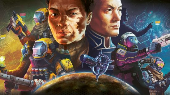 Detail from cover art for Undaunted 2200: Callisto, the latest entry in the Undaunted board game series - montage of sci-fi people , some in space armor, some unhelmeted