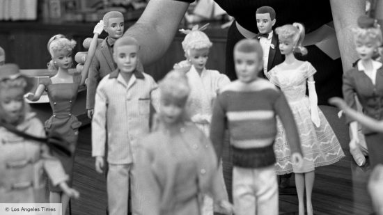 Black and white photo of vintage Barbies by the Los Angeles Times