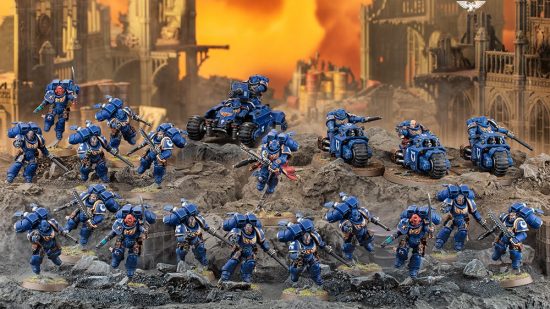 Warhammer 40k Battleforce 2023 - Space Marines, fifteen jump pack intercessors led by a Captain with jump pack, plus three outrider bikes and an Invader ATC