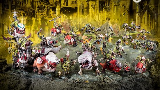 Warhammer 40k Battleforce 2023 - Orks, a mixture of Beastsnaggas on squigss, on foot, and riding a Kill Rig