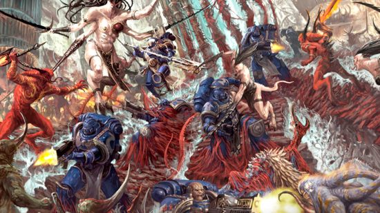 Warhammer 40k Chaos Daemons guide - Games Workshop artwork showing lesser daemons from every god fighting Ultramarines space marines
