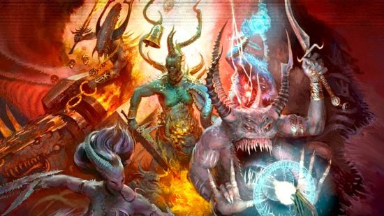 Warhammer 40k Chaos Daemons guide - Games Workshop artwork showing several daemons, including a plaguebearer, bloodletter, pink horror, and daemonette