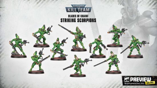 Warhammer 40k Eldar Striking Scorpions, a unit of ten Eldar in green armor, chainswords, and shuriken pistols