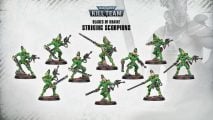 Warhammer 40k Eldar Striking Scorpions, a unit of ten Eldar in green armor, chainswords, and shuriken pistols