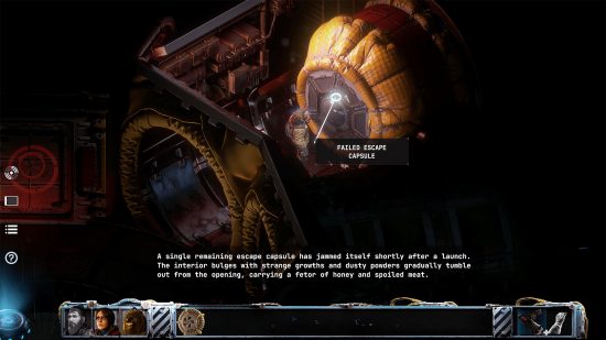 Warhammer 40k horror recommendation - screenshot from Stasis: Bone Totem, an escape pod is jammed in a launch tube