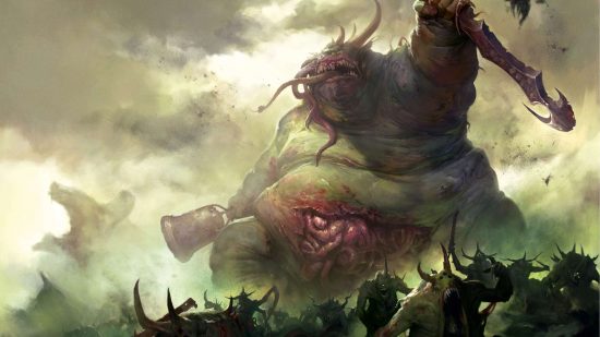 The first Warhammer 40k movie should be a horror film - art by Games Workshop, an enormously fat Great Unclean One daemon of Nurgle raises its arm above shambling hordes of its daemonic followers