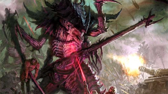 The first Warhammer 40k movie should be a horror film - art by Games Workshop, Imperial Guard soldiers shoot at a vast Tyranid Hive Tyrant as it eviscerates their ranks