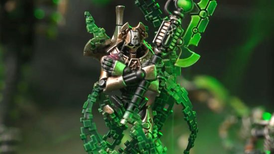 Warhammer 40k Necron Overlord close-up with green lighting