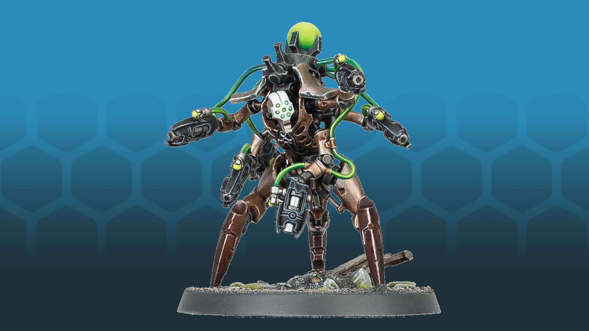 Warhammer 40k Necron Hexmark Destroyer, a tri-limbed android with six arms, each equipped with a ray gun