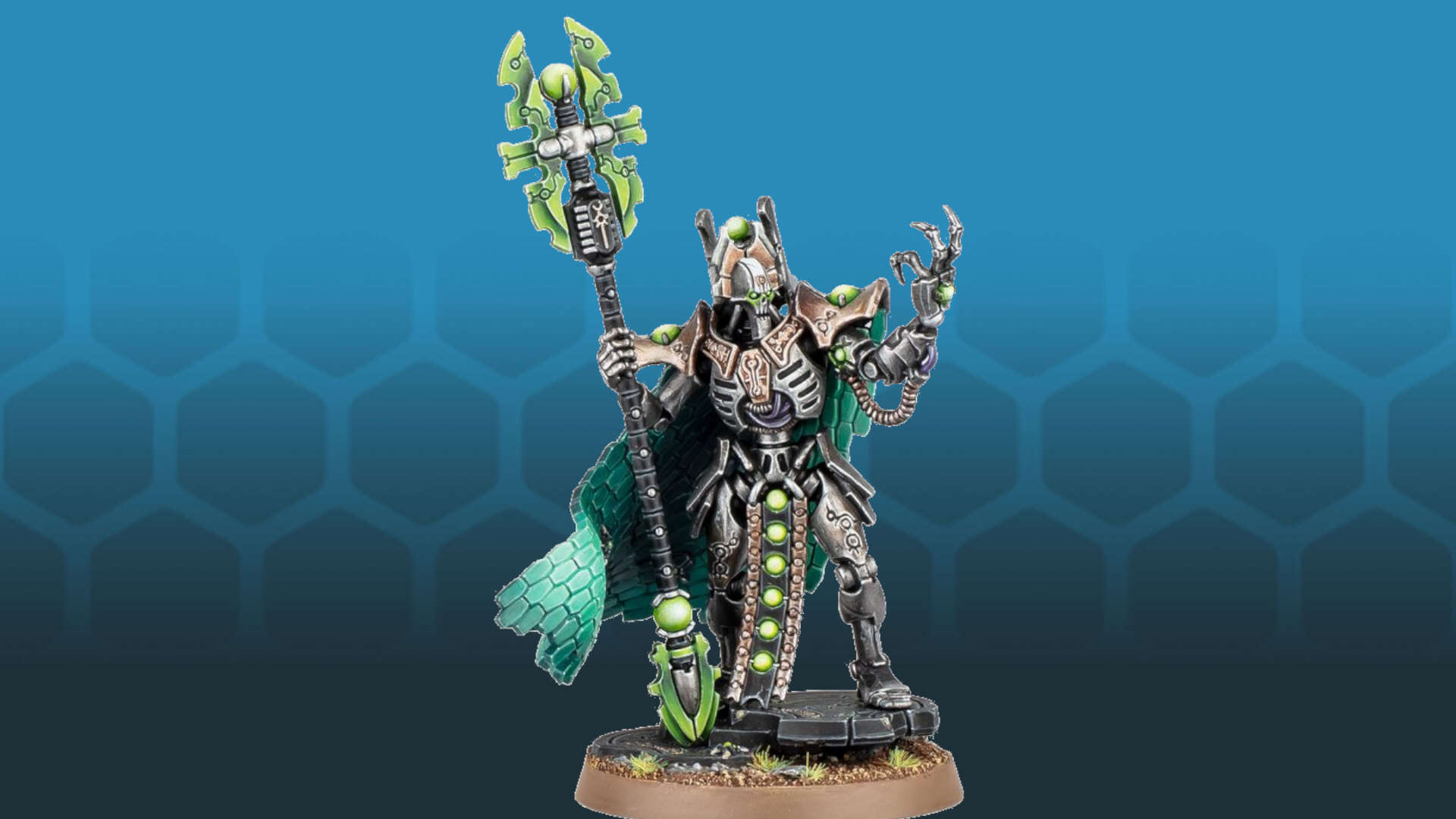 Warhammer 40k Necron character Imotekh the Stormlord - a regal android with the aspect of a Pharoah, wielding a huge bladed staff