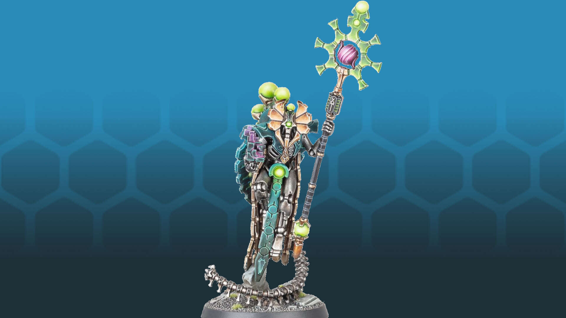Warhammer 40k Necrons Orikan the Diviner - a mysterious, cycloptic android with the aspect of a priest or wizard, wielding a staff tipped with a star